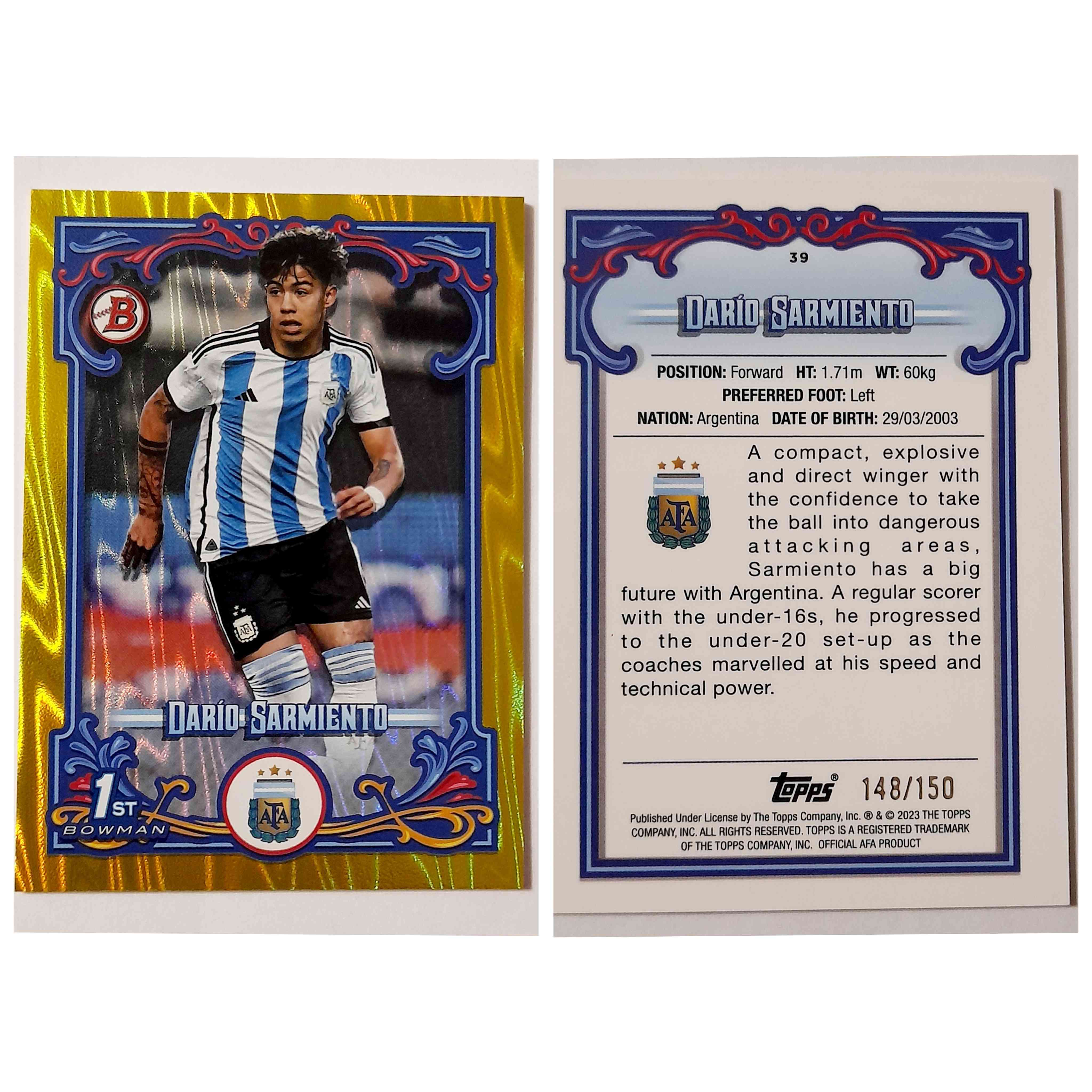 Carta Dario Sarmiento Seleccion Argentina Topps 148/150